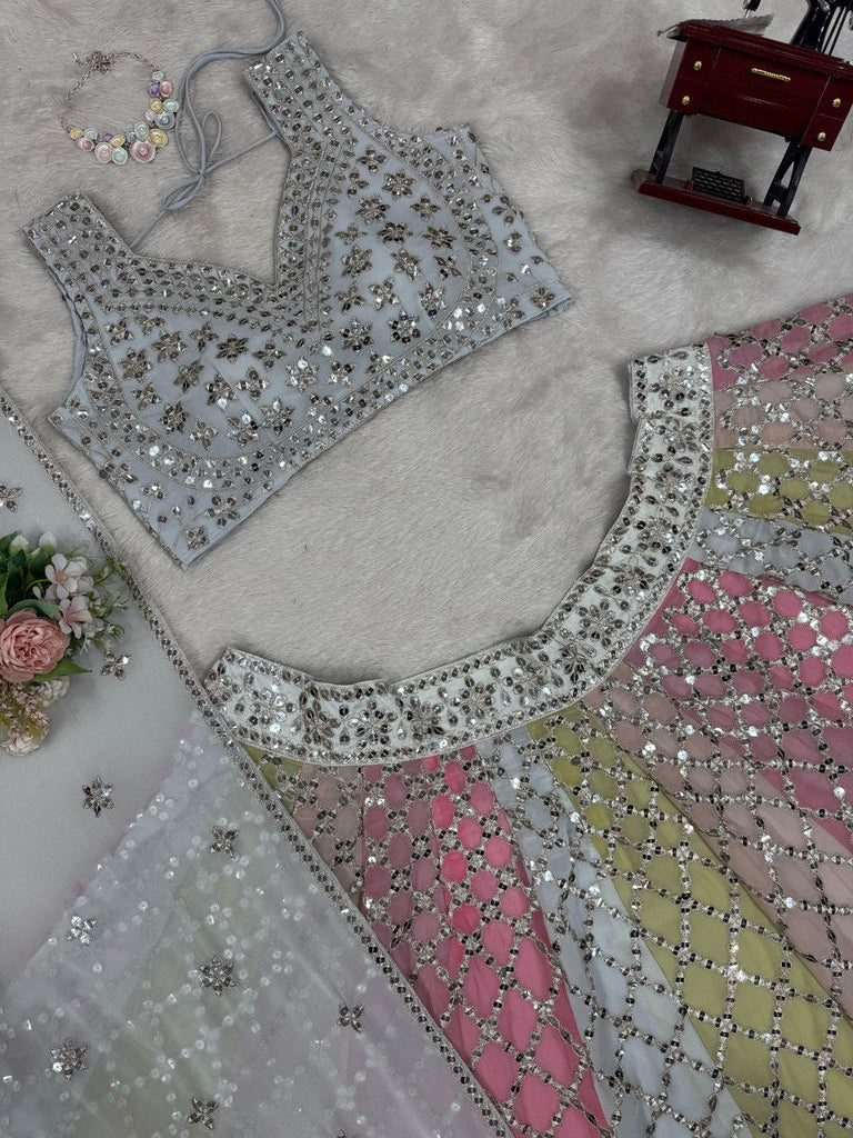 Multi Color Glamorous Fox Georgette Embroidered Semi-Stitched Lehenga Set Clothsvilla