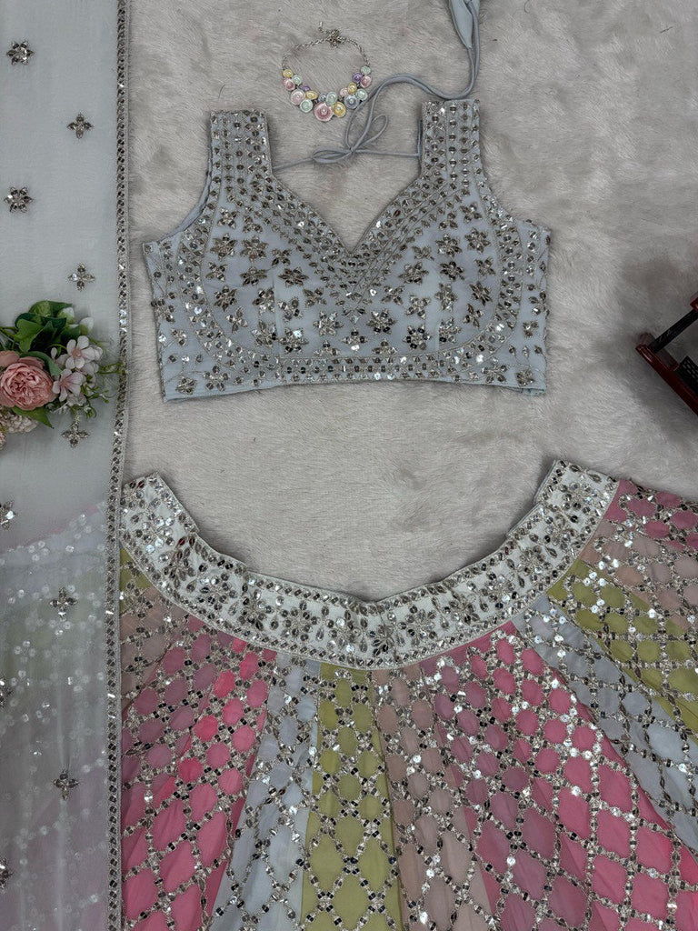 Multi Color Glamorous Fox Georgette Embroidered Semi-Stitched Lehenga Set Clothsvilla