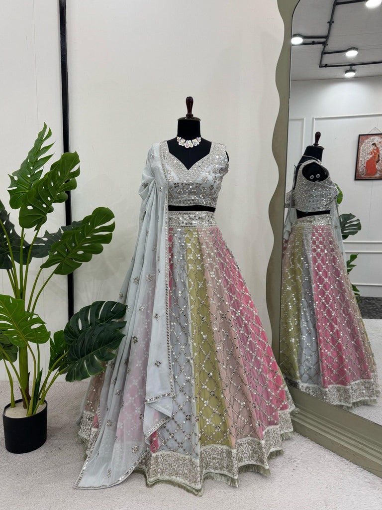 Multi Color Glamorous Fox Georgette Embroidered Semi-Stitched Lehenga Set Clothsvilla