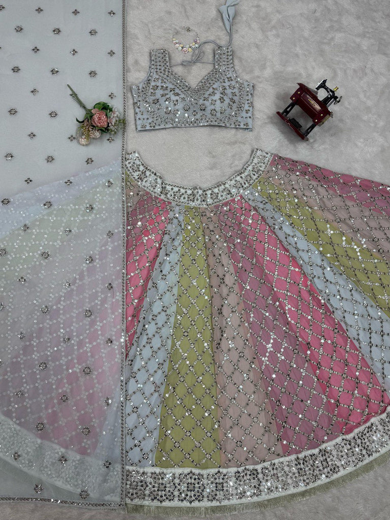 Multi Color Glamorous Fox Georgette Embroidered Semi-Stitched Lehenga Set Clothsvilla