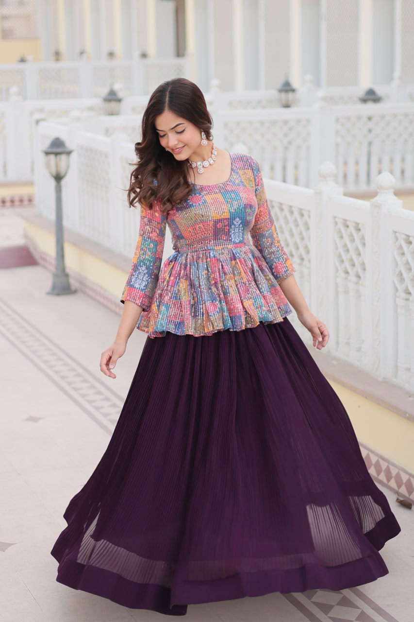 Multi Color Premium Embroidered Sequin Lehenga Choli Set with Flower Print | Readymade Co-ord Set ClothsVilla Main image