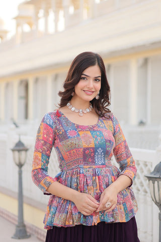Multi Color Premium Embroidered Sequin Lehenga Choli Set with Flower Print | Readymade Co-ord Set ClothsVilla