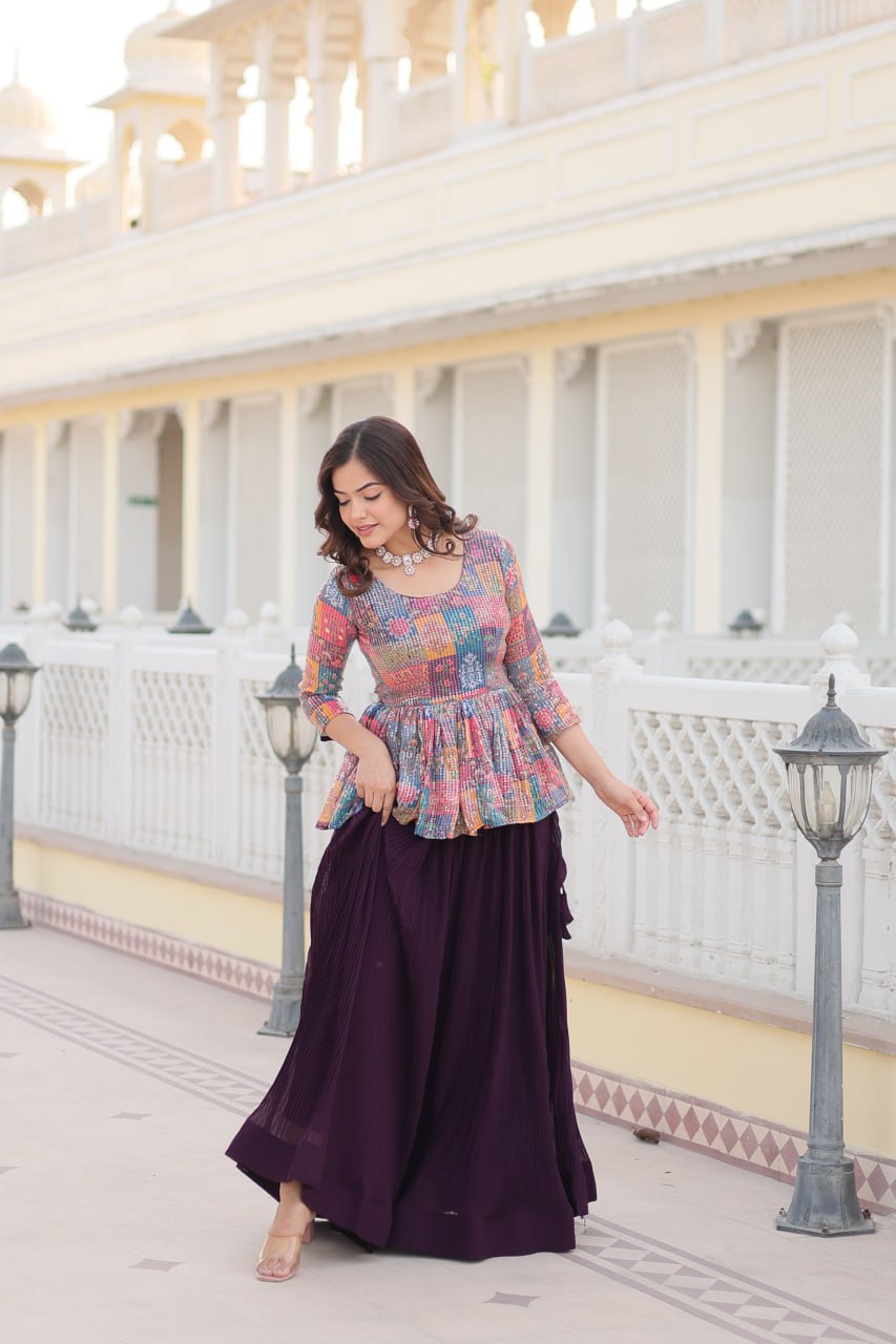 Multi Color Premium Embroidered Sequin Lehenga Choli Set with Flower Print | Readymade Co-ord Set ClothsVilla
