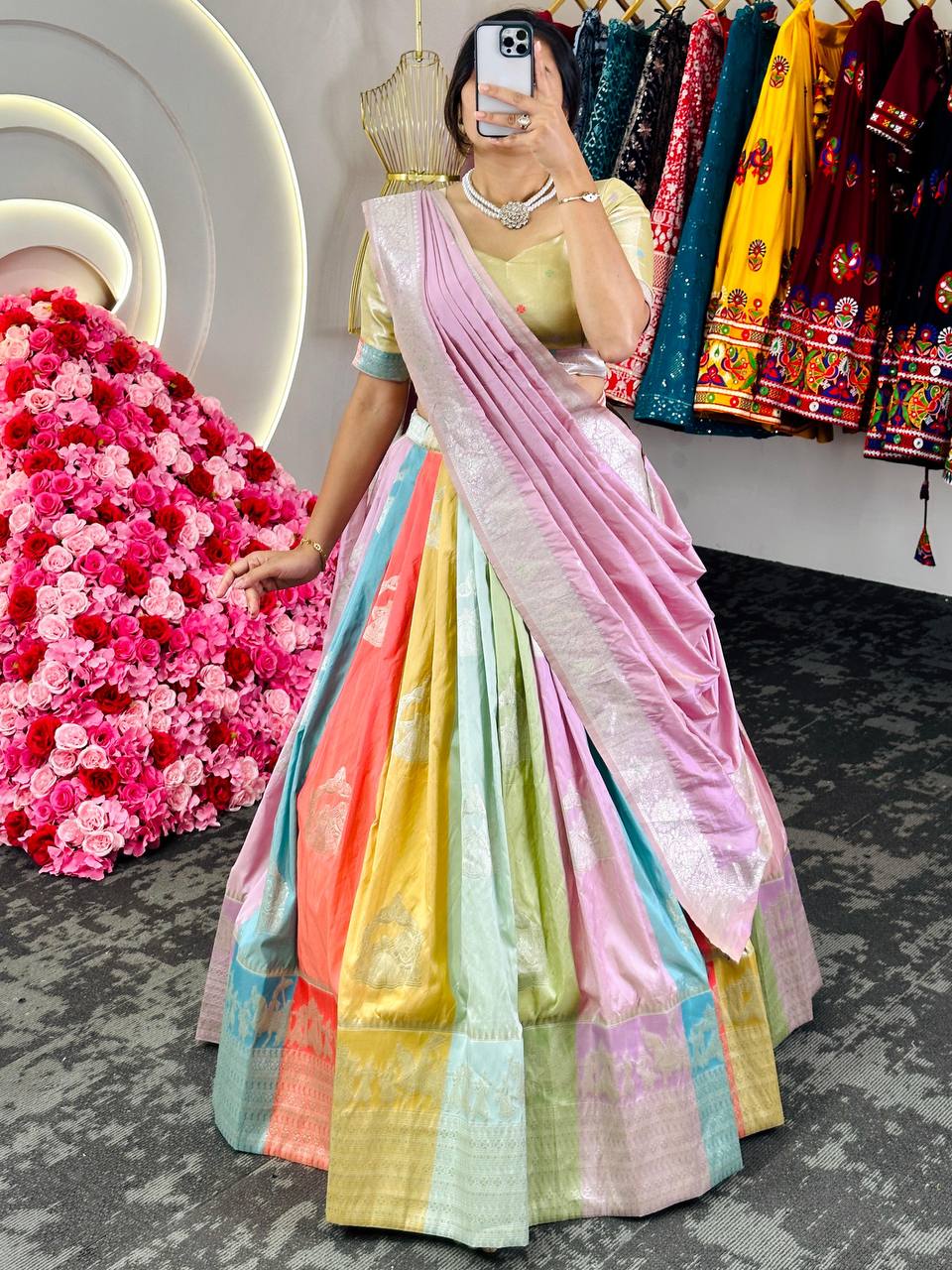 Multi Color Royal Grace Dola Silk Lehenga Choli Set – Rich Jacquard Weave with Elegant Detailing ClothsVilla