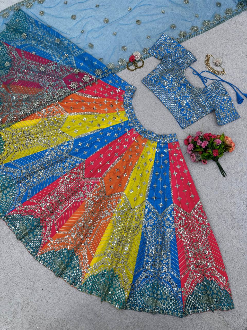 Multi Color Royal Mono Fenton Lehenga Set with Zari & 9mm Sequence Embroidery ClothsVilla