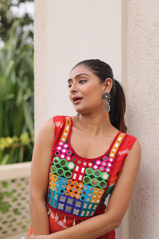 Multi Colour Bandhej Printed Georgette Kurti with Kutchi Gamthi Mirror & Codi Lace Work ClothsVilla