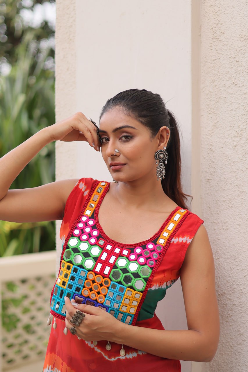 Multi Colour Bandhej Printed Georgette Kurti with Kutchi Gamthi Mirror & Codi Lace Work ClothsVilla