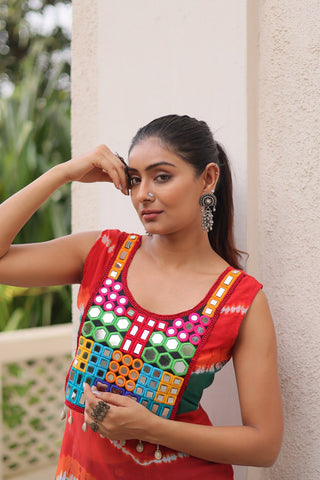 Multi Colour Bandhej Printed Georgette Kurti with Kutchi Gamthi Mirror & Codi Lace Work ClothsVilla