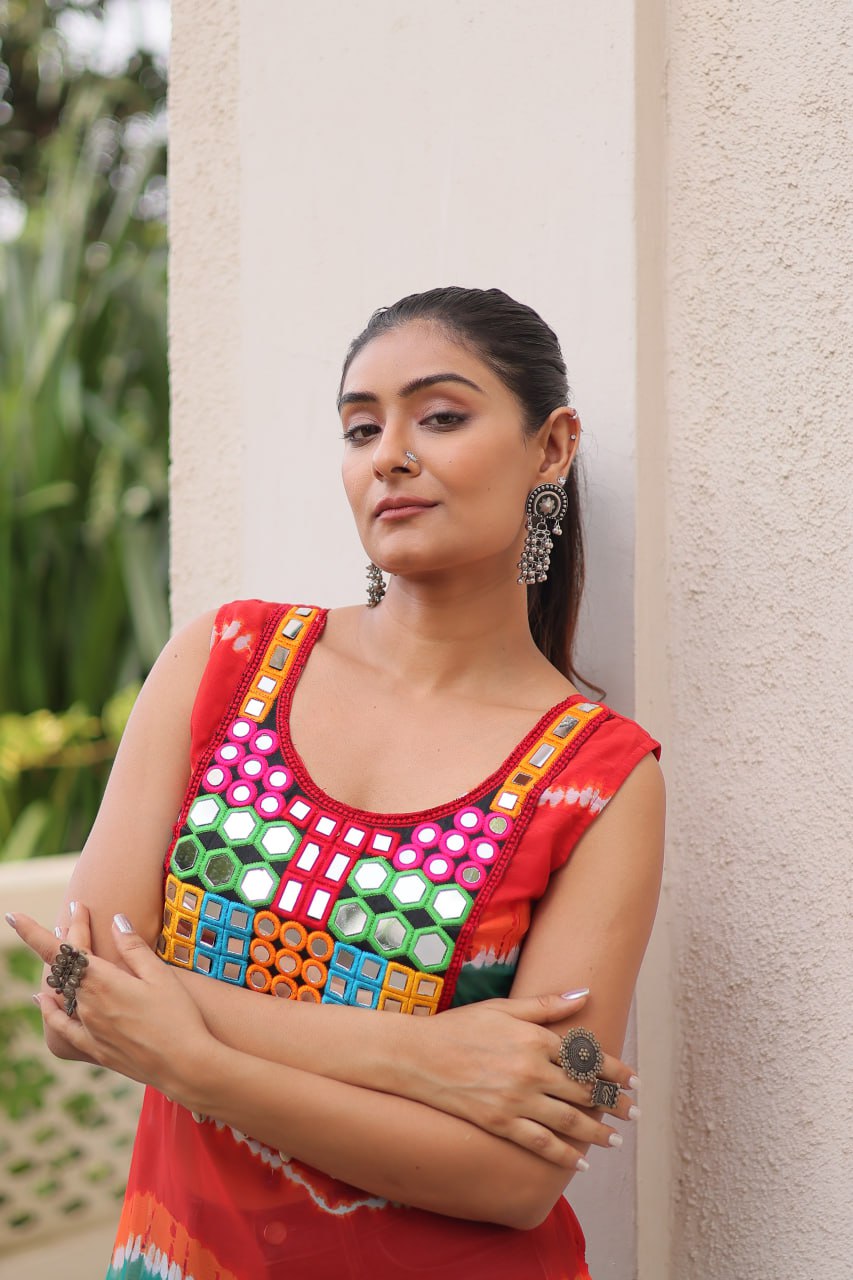 Multi Colour Bandhej Printed Georgette Kurti with Kutchi Gamthi Mirror & Codi Lace Work ClothsVilla