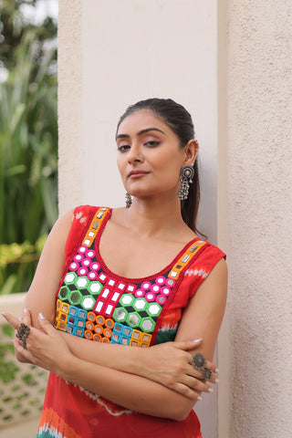Multi Colour Bandhej Printed Georgette Kurti with Kutchi Gamthi Mirror & Codi Lace Work ClothsVilla