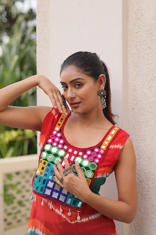 Multi Colour Bandhej Printed Georgette Kurti with Kutchi Gamthi Mirror & Codi Lace Work ClothsVilla
