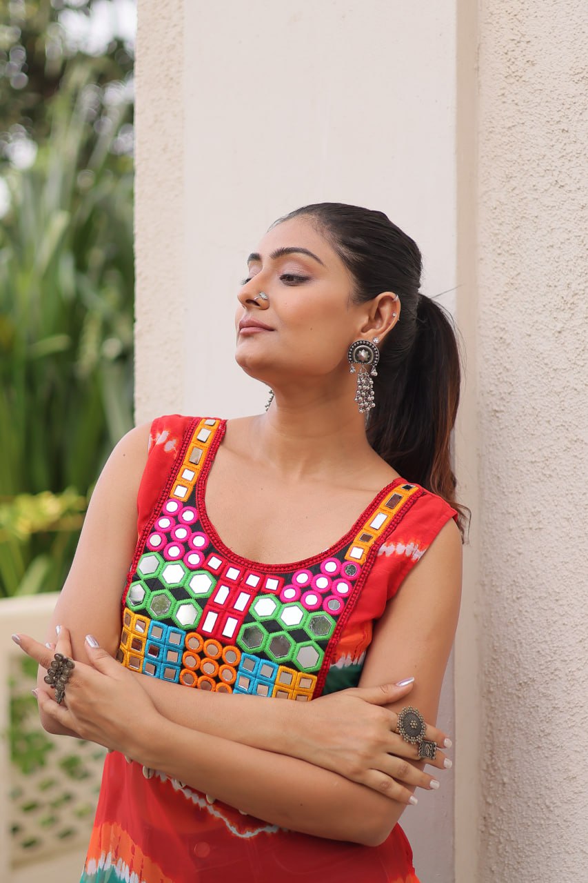 Multi Colour Bandhej Printed Georgette Kurti with Kutchi Gamthi Mirror & Codi Lace Work ClothsVilla