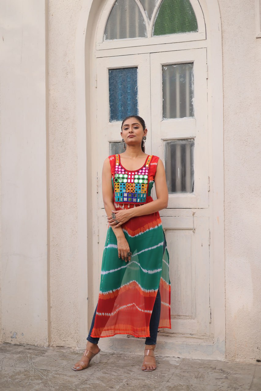 Multi Colour Bandhej Printed Georgette Kurti with Kutchi Gamthi Mirror & Codi Lace Work ClothsVilla