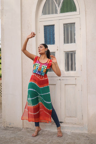 Multi Colour Bandhej Printed Georgette Kurti with Kutchi Gamthi Mirror & Codi Lace Work ClothsVilla