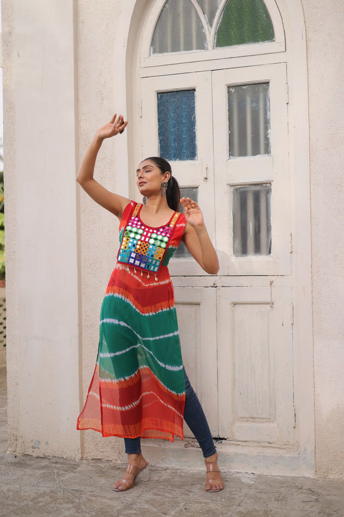 Multi Colour Bandhej Printed Georgette Kurti with Kutchi Gamthi Mirror & Codi Lace Work ClothsVilla