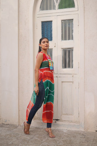Multi Colour Bandhej Printed Georgette Kurti with Kutchi Gamthi Mirror & Codi Lace Work ClothsVilla