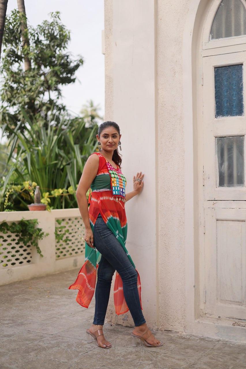 Multi Colour Bandhej Printed Georgette Kurti with Kutchi Gamthi Mirror & Codi Lace Work ClothsVilla