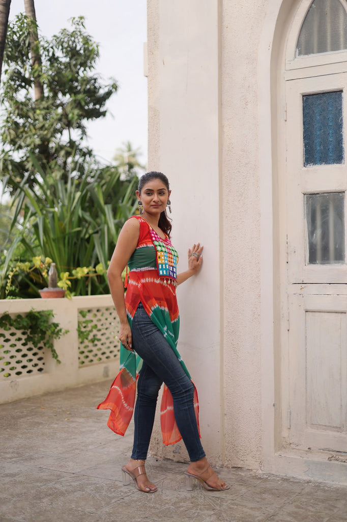Multi Colour Bandhej Printed Georgette Kurti with Kutchi Gamthi Mirror & Codi Lace Work ClothsVilla