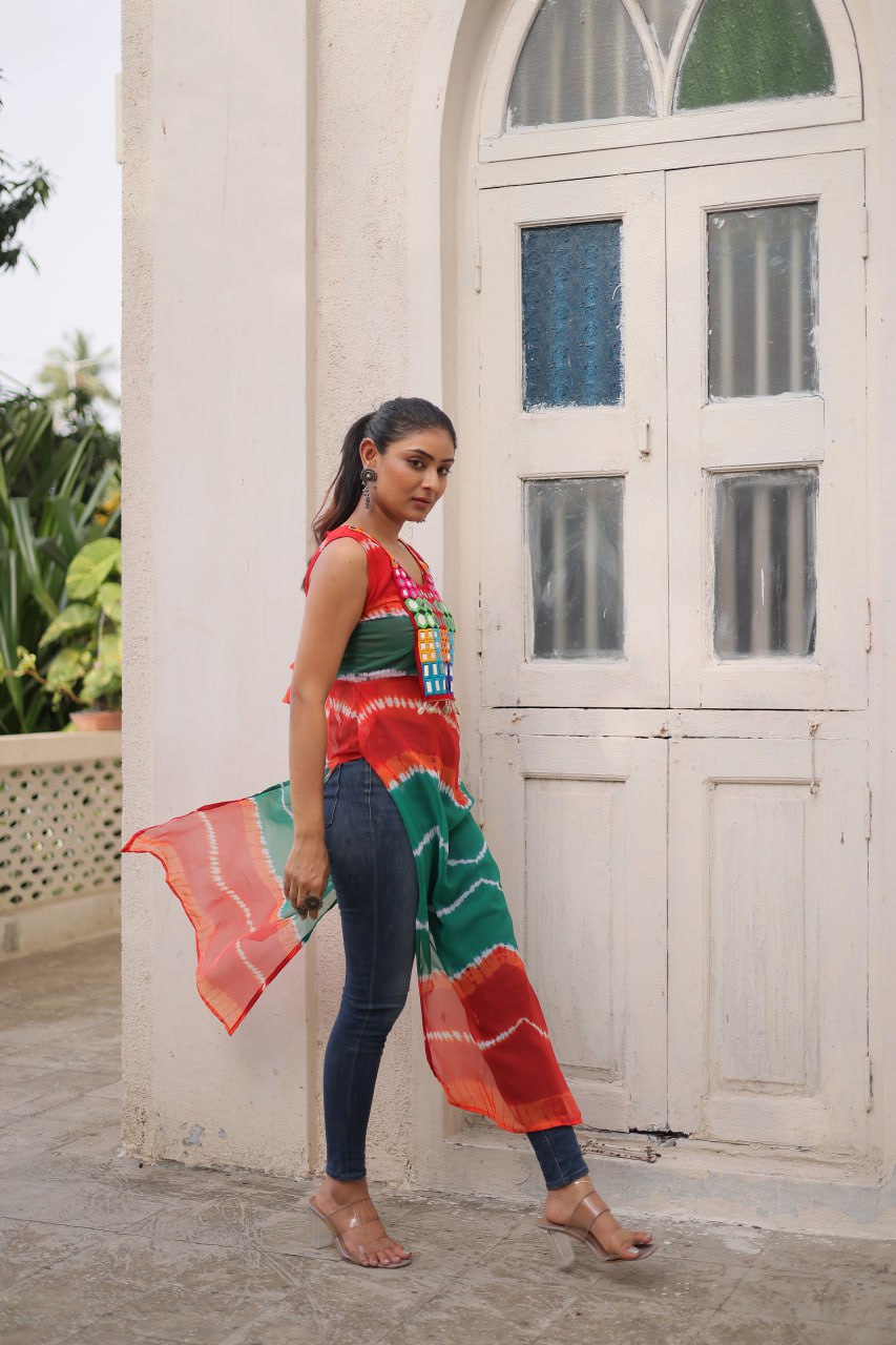 Multi Colour Bandhej Printed Georgette Kurti with Kutchi Gamthi Mirror & Codi Lace Work ClothsVilla