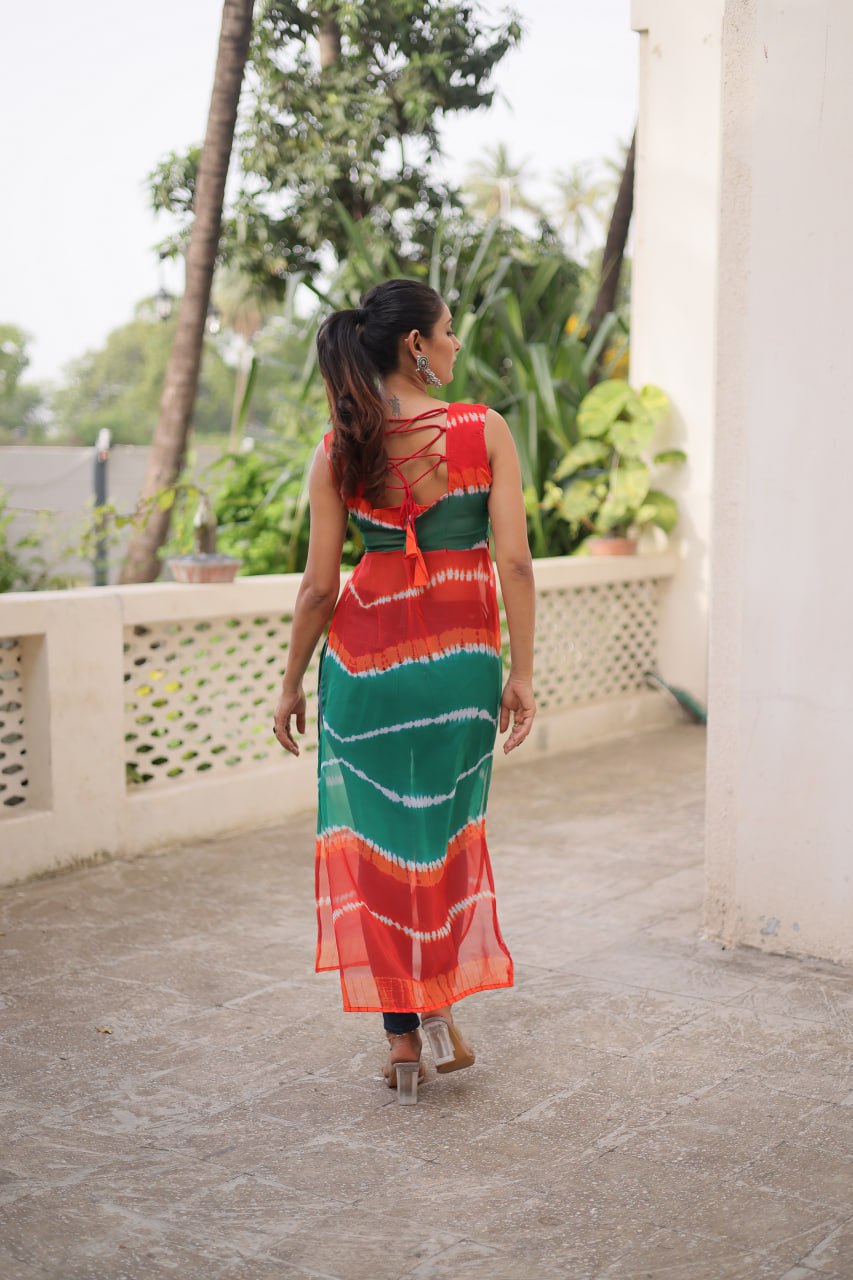 Multi Colour Bandhej Printed Georgette Kurti with Kutchi Gamthi Mirror & Codi Lace Work ClothsVilla