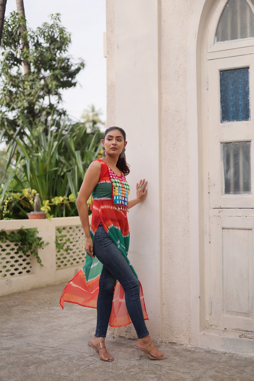 Multi Colour Bandhej Printed Georgette Kurti with Kutchi Gamthi Mirror & Codi Lace Work ClothsVilla
