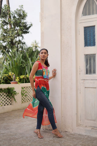 Multi Colour Bandhej Printed Georgette Kurti with Kutchi Gamthi Mirror & Codi Lace Work ClothsVilla