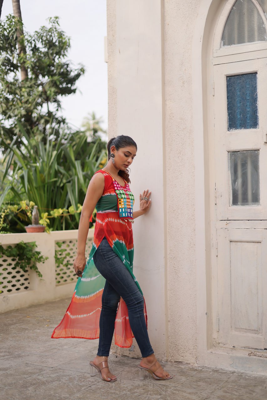Multi Colour Bandhej Printed Georgette Kurti with Kutchi Gamthi Mirror & Codi Lace Work ClothsVilla