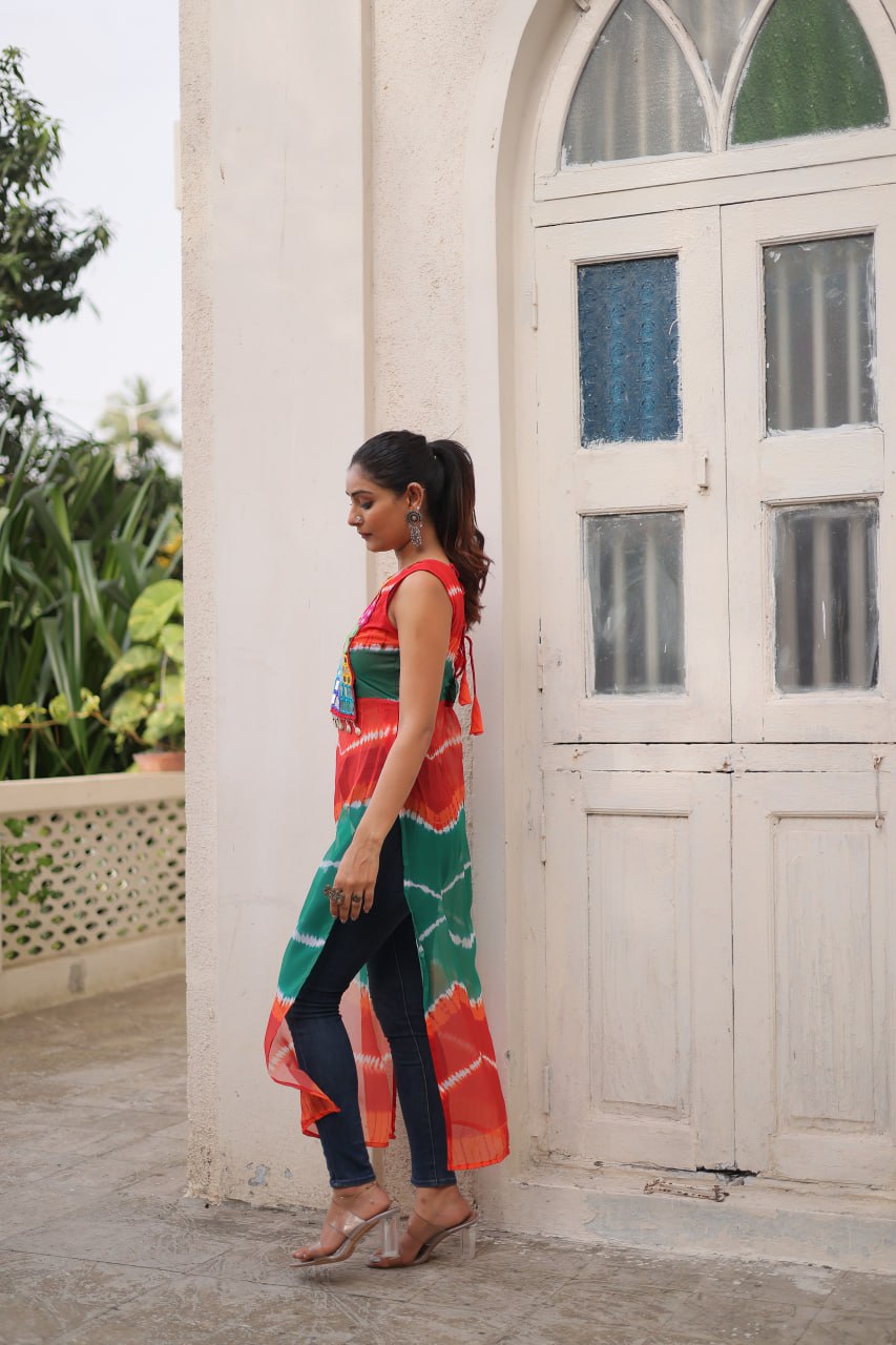 Multi Colour Bandhej Printed Georgette Kurti with Kutchi Gamthi Mirror & Codi Lace Work ClothsVilla