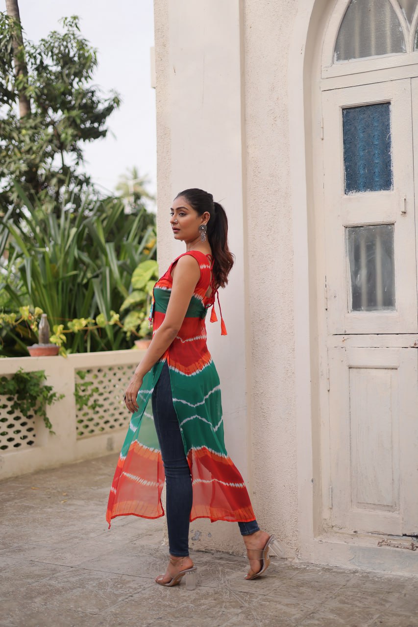 Multi Colour Bandhej Printed Georgette Kurti with Kutchi Gamthi Mirror & Codi Lace Work ClothsVilla