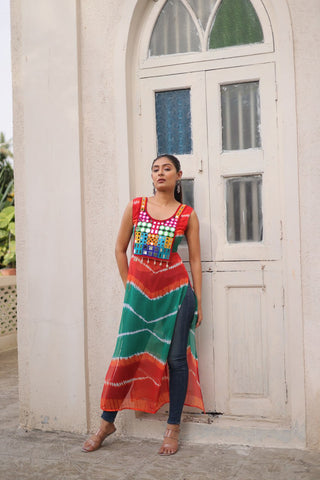 Multi Colour Bandhej Printed Georgette Kurti with Kutchi Gamthi Mirror & Codi Lace Work ClothsVilla