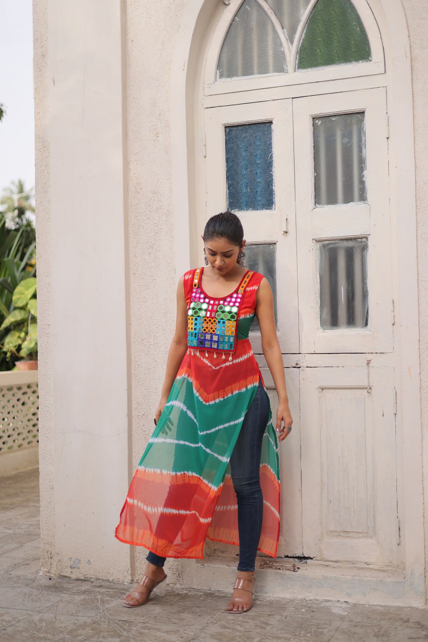 Multi Colour Bandhej Printed Georgette Kurti with Kutchi Gamthi Mirror & Codi Lace Work ClothsVilla