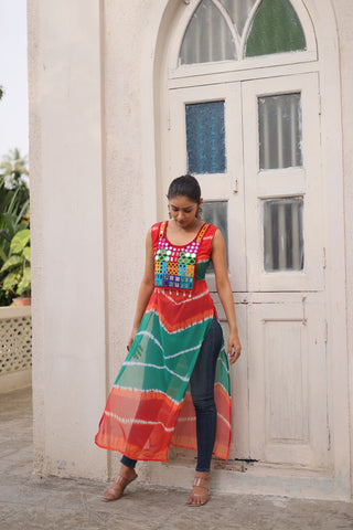 Multi Colour Bandhej Printed Georgette Kurti with Kutchi Gamthi Mirror & Codi Lace Work ClothsVilla