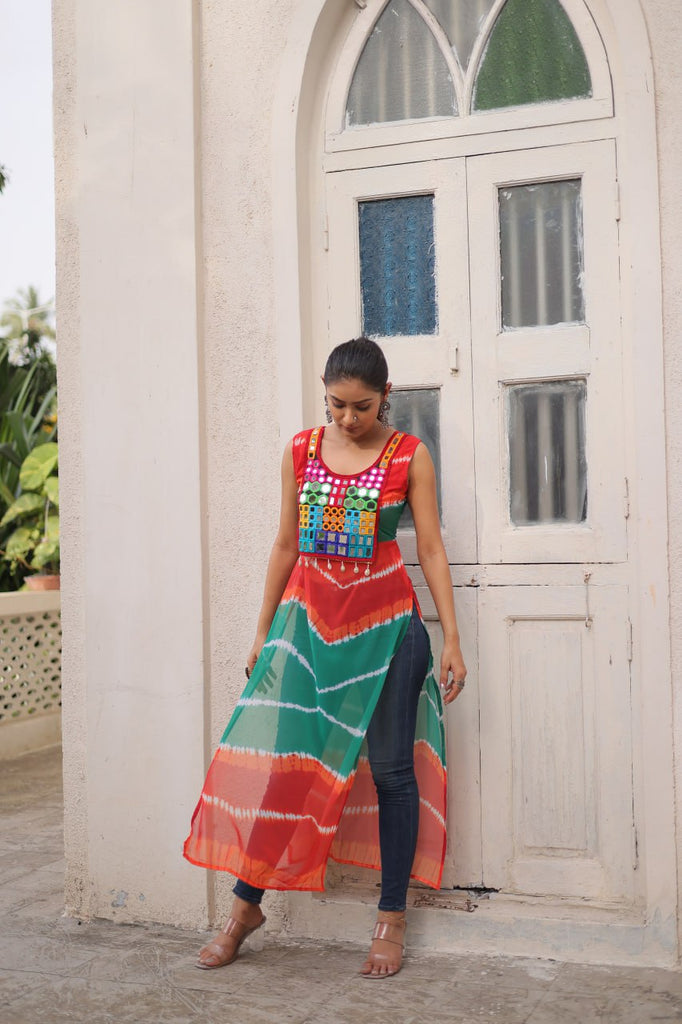 Multi Colour Bandhej Printed Georgette Kurti with Kutchi Gamthi Mirror & Codi Lace Work ClothsVilla
