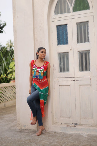 Multi Colour Bandhej Printed Georgette Kurti with Kutchi Gamthi Mirror & Codi Lace Work ClothsVilla