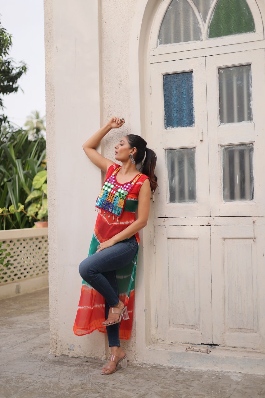 Multi Colour Bandhej Printed Georgette Kurti with Kutchi Gamthi Mirror & Codi Lace Work ClothsVilla