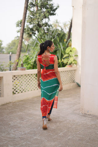 Multi Colour Bandhej Printed Georgette Kurti with Kutchi Gamthi Mirror & Codi Lace Work ClothsVilla