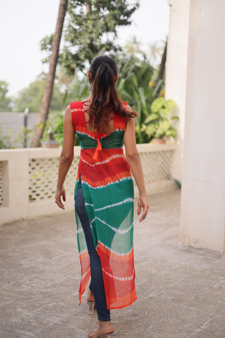 Multi Colour Bandhej Printed Georgette Kurti with Kutchi Gamthi Mirror & Codi Lace Work ClothsVilla