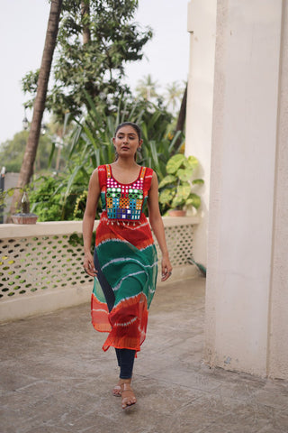 Multi Colour Bandhej Printed Georgette Kurti with Kutchi Gamthi Mirror & Codi Lace Work ClothsVilla