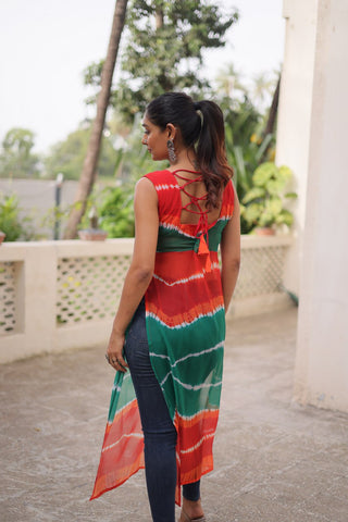 Multi Colour Bandhej Printed Georgette Kurti with Kutchi Gamthi Mirror & Codi Lace Work ClothsVilla