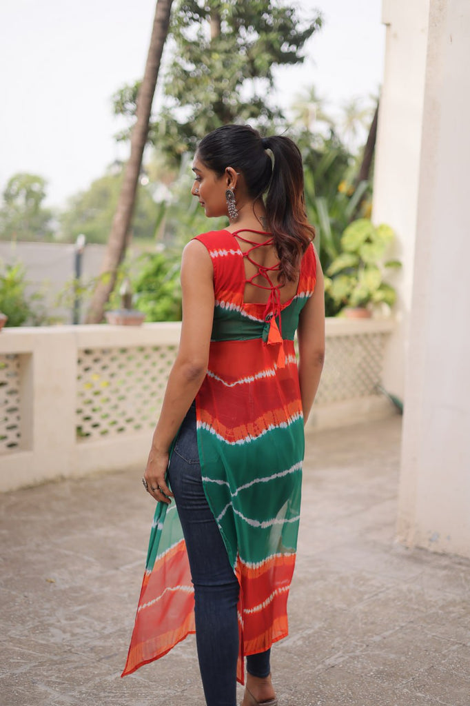 Multi Colour Bandhej Printed Georgette Kurti with Kutchi Gamthi Mirror & Codi Lace Work ClothsVilla