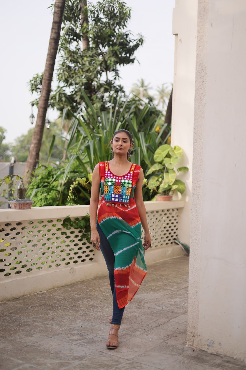 Multi Colour Bandhej Printed Georgette Kurti with Kutchi Gamthi Mirror & Codi Lace Work ClothsVilla