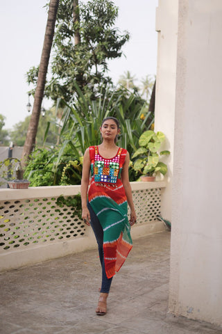 Multi Colour Bandhej Printed Georgette Kurti with Kutchi Gamthi Mirror & Codi Lace Work ClothsVilla