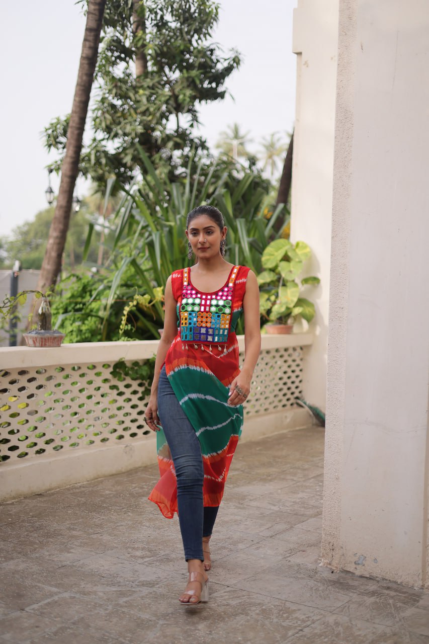 Multi Colour Bandhej Printed Georgette Kurti with Kutchi Gamthi Mirror & Codi Lace Work ClothsVilla