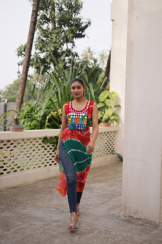 Multi Colour Bandhej Printed Georgette Kurti with Kutchi Gamthi Mirror & Codi Lace Work ClothsVilla
