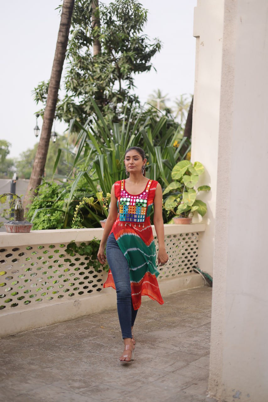 Multi Colour Bandhej Printed Georgette Kurti with Kutchi Gamthi Mirror & Codi Lace Work ClothsVilla