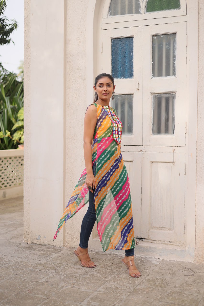 Multi Colour Bandhej Printed Georgette Kurti with Kutchi Gamthi Mirror & Codi Lace Work ClothsVilla
