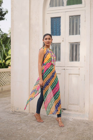 Multi Colour Bandhej Printed Georgette Kurti with Kutchi Gamthi Mirror & Codi Lace Work ClothsVilla