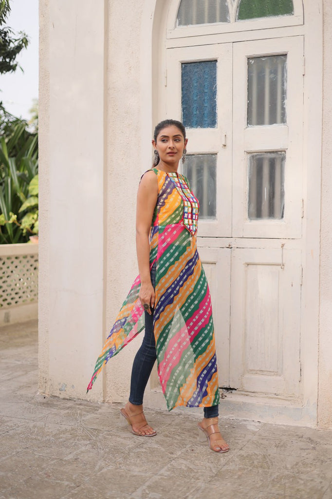 Multi Colour Bandhej Printed Georgette Kurti with Kutchi Gamthi Mirror & Codi Lace Work ClothsVilla