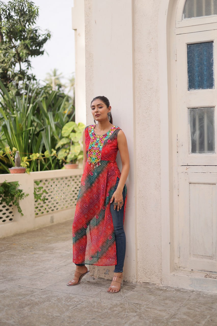 Multi Colour Bandhej Printed Georgette Kurti with Kutchi Gamthi Mirror & Codi Lace Work ClothsVilla