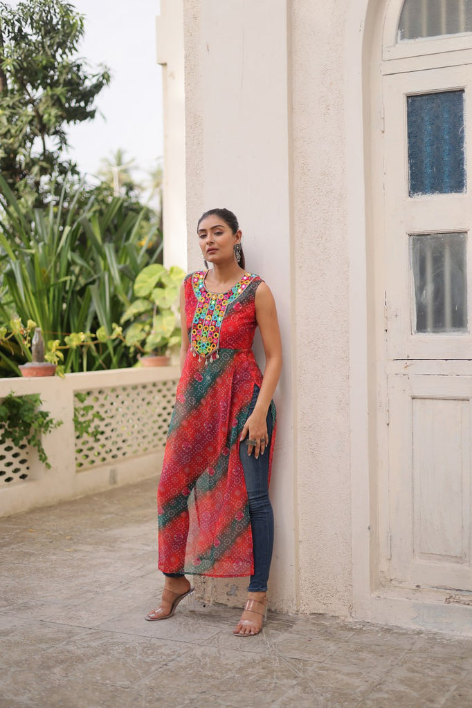 Multi Colour Bandhej Printed Georgette Kurti with Kutchi Gamthi Mirror & Codi Lace Work ClothsVilla